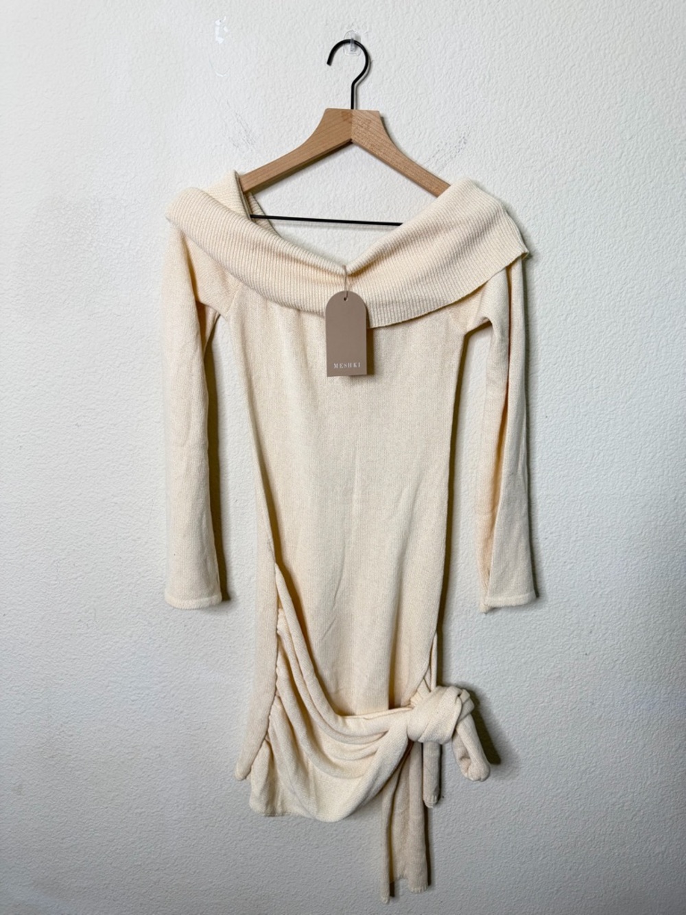 NWT Meshki Camryn Off Shoulder‎ Tie Knit Mini Dress Cream Marle Women’s Size L - Picture 7 of 11